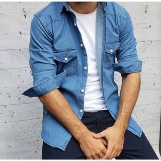 Camisa social,Camisa jeans manga longa,com bolso,Camisa masculino