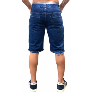 Bermuda Jeans azul escuro Destroyed Masculina Desfiada Rasgada (2)