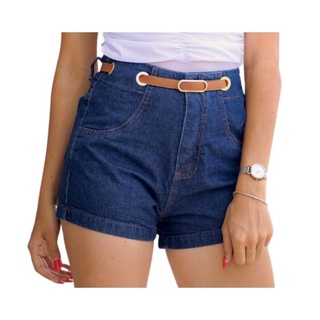 Short Mom Feminino Jeans, Cintura Alta, Com Cinto Em Couro.