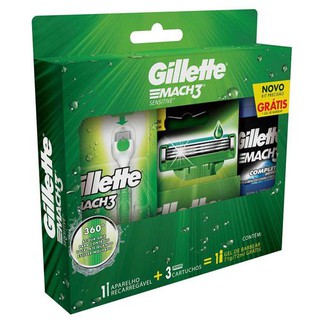 Kit Gillette Mach3 Aqua-Grip Sensitive + 2 Cargas + Gel de Barbear Complete Defense 72 ml