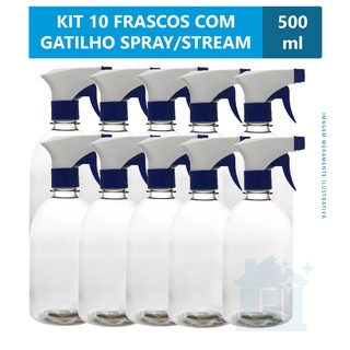 KIT 10 Frascos 500ml + Válvula Gatilho Borrifador Pulverizador Spray/Stream