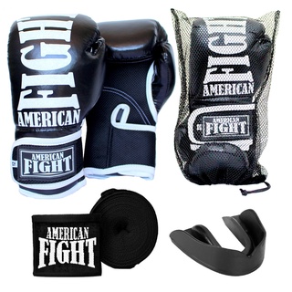 Kit Boxe Muay Thai Luva Bandagem Bucal American Fight - Preto