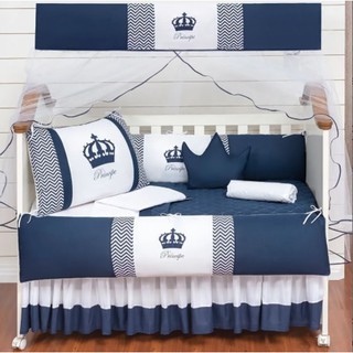 kit berço coroa menino com cortina 12 peças azul marinho