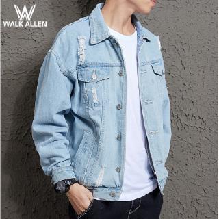 Moda nova masculina coreana denim jaqueta buraco jaqueta jeans estudante outwear (1)