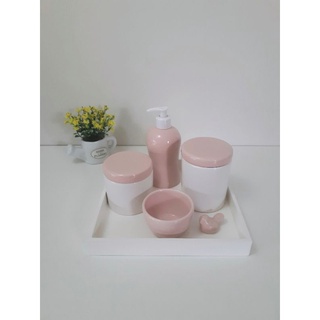 kit higiene bebe porcelana branco e rosa bandeja