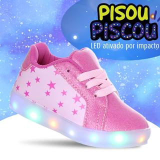 Tenis Calcado Rosa com Luz Led Pisca Glitter Infantil Feminino Meninas Estrelas em Promocao