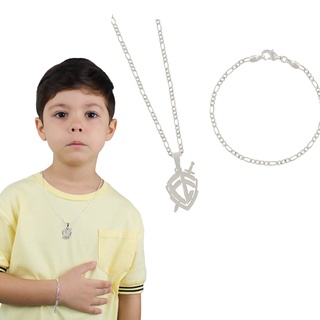 Corrente Infantil + pingente cruz + pulseira menino semijoia em prata 3 tamanhos
