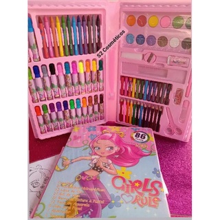 Estojo Maleta Kit Pintura Infantil Canetinhas Giz Lápis Cores + Desenhos Para Colorir 86 Peças Original Alta Qualidade