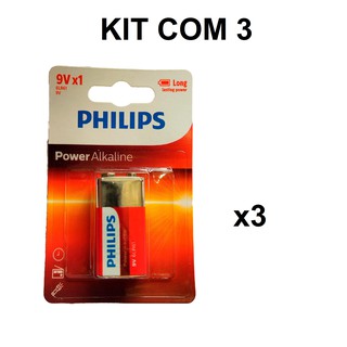 KIT com 3 - Bateria Power Alcalina PHILIPS 9v - modelo 6LR61P1B/97