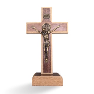 Cruz Crucifixo Madeira Metal De Mesa São Bento 13cm (1)