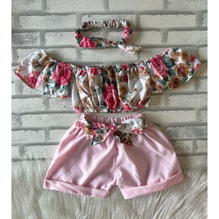 conjunto infantil blusa + short + tiara super lindos moda blogueirinha para meninas
