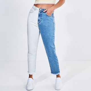 Calça bicolor mom jeans tendencia gringa trends two tone