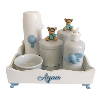 kit higiene do bebê porcelana ursinho aviador azul bebe