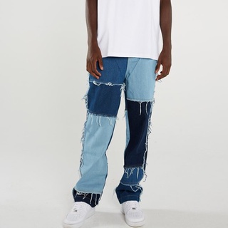Calças De Brim Para Homens Com Costura Reta Casuais Borla patchwork jeans Moda streetwear/Solto hip hop Longos