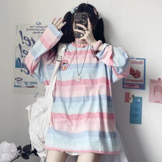 Puu Camiseta Listrada De Comprimento Médio Siswa Perempuan Kemeja Gaya Harajuku Musim Gugur Korea Longgar Lengan (5)