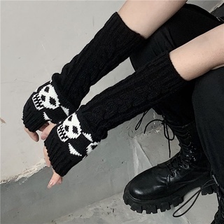 Women Gothic Knitted Skull Gloves Winter Gloves Men Stretch Dark Ninja Cool Elbow Length Arm Warmer Hipster Black Long Mittens
