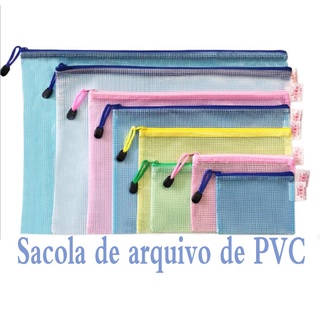 Saco de arquivo de PVC com grade com zíper Saco de armazenamento de papelaria transparente A4 para escritório
