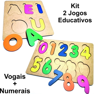 Kit Brinquedo Educativo Madeira Numerais + Vogais