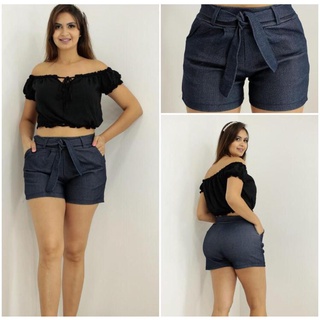 Shorts bengaline feminino curto com laço/cinto bolso lateral diversas cores modelo sofisticado tendência