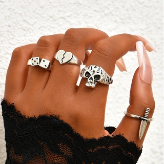 Punk Vintage Skull Dice Sword Rings Set Fashion Gothic Heart Geometric Rings for Women Men Party Jewelry Accessories