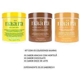 Colageno Naara Kit com 03 Sabores Abacaxi com Hortelã Doce de Leite e Chocolate Combate a Celulite Rugas Linhas de Expressão e a Flacidez