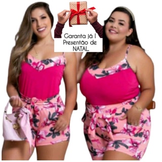 Conjunto Feminino Blusa Alça + Short Com Bolso Estampado Tamanho M G e GG Plus Size.
