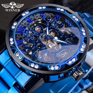 Vencedor Relógio Mecânico De Diamante Transparente Azul Esqueleto De Aço Inoxidável Assistir Top Marca De Luxo Negócio Luminosa Relógio Masculino