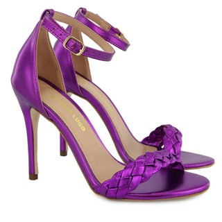 Sandália feminina salto alto fino trança violeta bico redondo