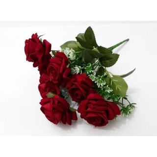 (TYP) 1 Buquê Com 6 Rosas De Veludo Vermelhas Médias Artificiais = Flores Artificial Decoração