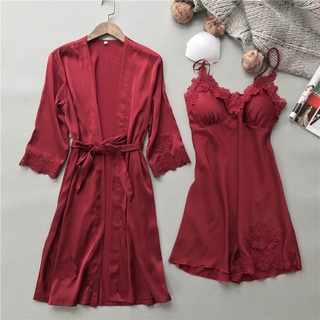 Mulheres Set Lingerie De Seda Pijamas Vestido Kimono Babydoll Nightdress Robe Lace Intimates