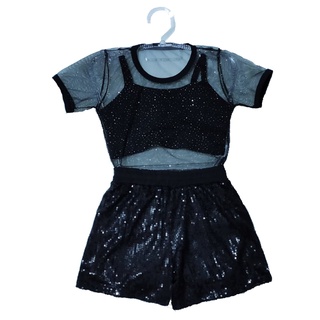 Conjunto infantil blusa em tule com glitter e short paetê moda para menina blogueirinha 3 peças