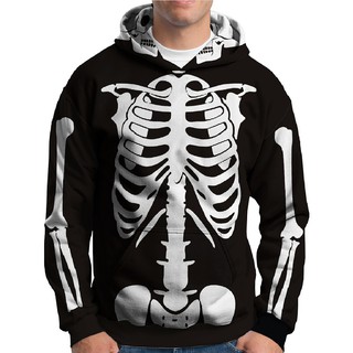 Blusa Moletom Com Capuz Bolsos Estampa Esqueleto Halloween
