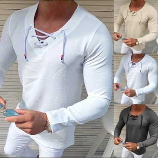 Men Long Sleeve Denim V-Neck T-Shirt Casual Denim Blouse Shirts Pullover Top