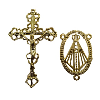 5 Entremeios Nossa Senhora Aparecida e 5 Crucifixos Italiano Dourado Para Fazer Terço Noiva Atacado/Revenda