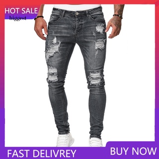 TY/Men Stylish Ripped Buraco Jeans Denim Calças Pockets Botão Magros Compridas