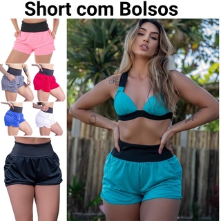 Short Feminino Com Bolsos Dry Fit Tecido Furadinho Caminhada Academia Fitness Ginástica