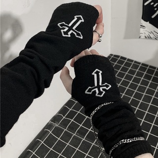 Punk EMO Style Streetwear Women Wrist Arm Warmer Knitted Long Fingerless Gloves Black Mitten Halloween Cross Gloves Dark Moon (1)