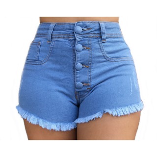 Short Jeans Claro Feminino Botão Frontal Cintura Alta Stretch Hot Pants Blogueirinha Desfiado Elastano Lycra Cós Alto Bermuda Feminina Roupas Femininas