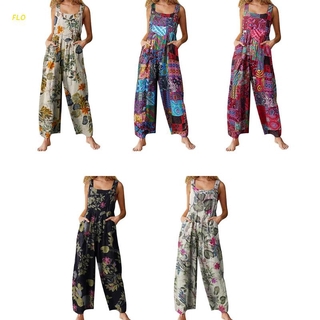 FLO Women Summer Sleeveless Button Suspender Jumpsuit Bib Pants Ethnic Floral Print Rompers Wide Leg Baggy Loose Overalls