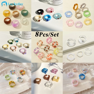 8 Pçs/Set Moda Colorido Resina Conjunto Anel De Frutas Diamante Anéis Casuais Mulheres Jóias Acessórios