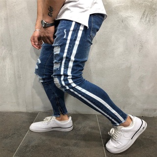 2020 masculino side lado listra jeans zíper designer estiramento quebrado rasgado azul jeans hip hop cintura elástica joggers calças masculinas
