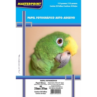 Papel Fotográfico Inkjet A4 Glossy Adesivo 115g - Pacote com 20 Folhas - Masterprint