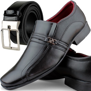 Sapato Social Masculino Preto Moderno Confortável Kit Cinto Com Fivela Ajustável