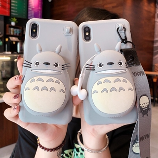 Totoro capa com pulseira de gato, case para carteira, para iphone 11, pro, x, xr, xs, max, 8, pluse, 7, 6, fofo, gato, esfrega capa fosca para celular, tampa traseira de bolsa de moedas (4)