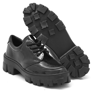 Sapato Feminino Oxford Plataforma Tratorado Preto Verniz