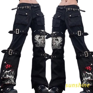 Sol Mulheres Goth Do Punk Calça Jeans De Cintura Alta Harajuku Fivela De Metal Impressão Hip Hop Calças Cargo Perna Larga Largas Calças Jeans Soltas