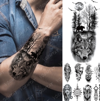 Suitable for young people, hipsters Popular South America Popular in Europe and America l Suitable for young people and hipsters Waterproof Temporary Tattoo Sticker Forest Moon Flying Bird Bear Flash Tattoos Leopard Wolf Tiger Body Art Arm Fake Tatoo Men (1)