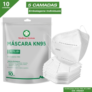 Kit 10 Respiradores Descartáveis Kn95 Com Elástico - Branca - Medical System