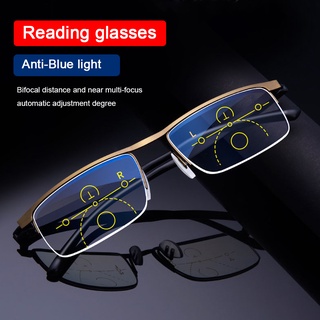 Óculos de leitura multifocal progressivo unissex com ajuste automático anti-azul luz meia armação