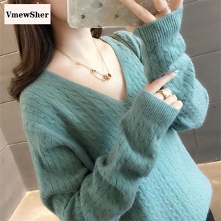 VmewSher V Neck Sweater Women 2020 New Autumn Winter Elegant Cashmere Warm Vintage Female Pullovers Knit Tops